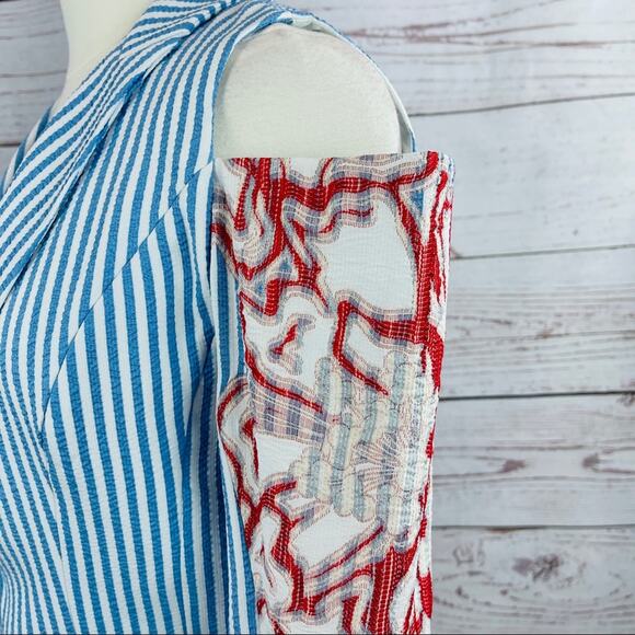 Alberto Makali open shoulder seersucker stripe blue white blazer - Picture 5 of 13